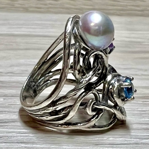 Designer Or Paz Sterling Silver Amethyst, Pearl, & Blue Topaz Ring, Size 5 - Picture 3 of 9